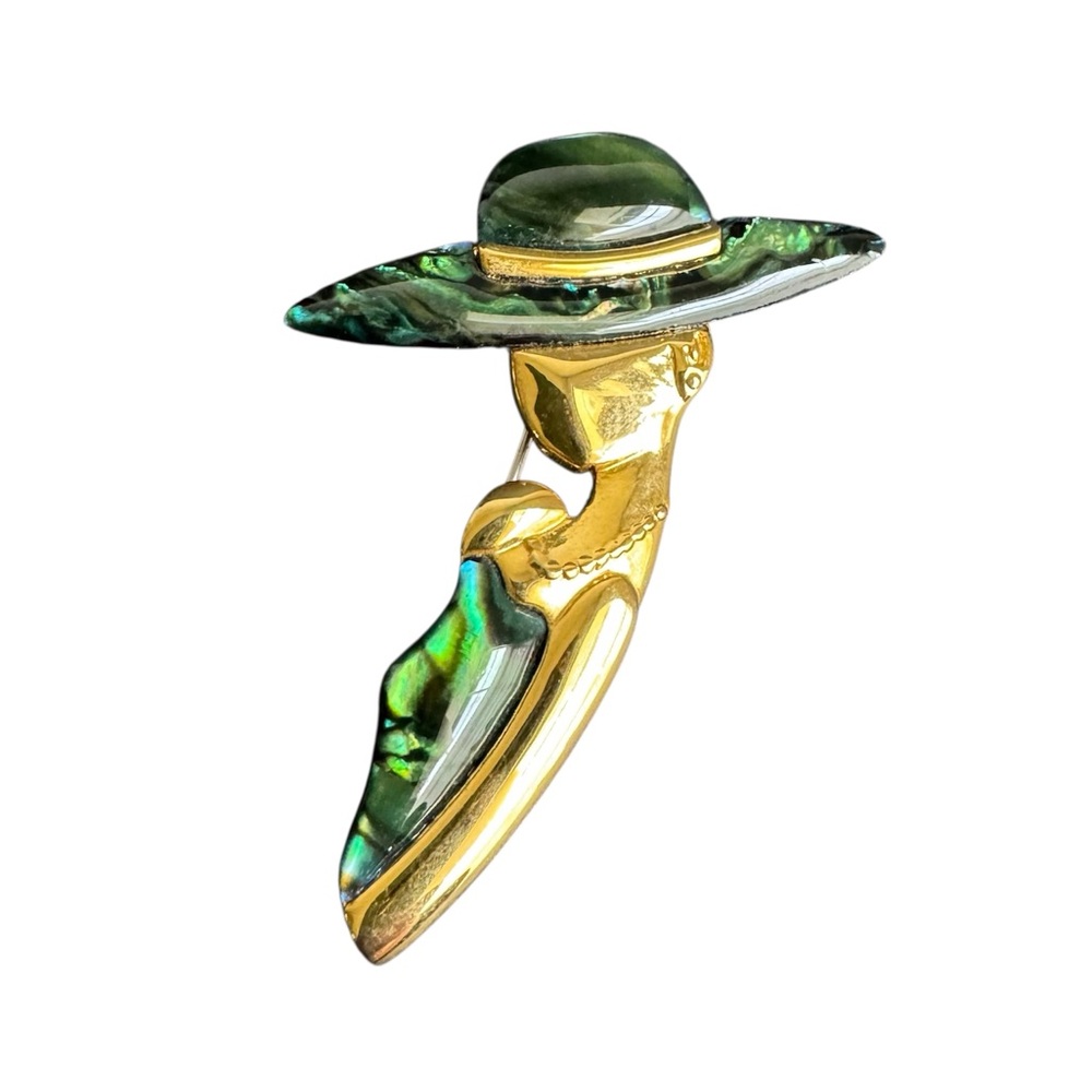 Vintage Art Deco Style Lady Profile Brooch Gold‎ Tone Faux Abalone Shell Pin